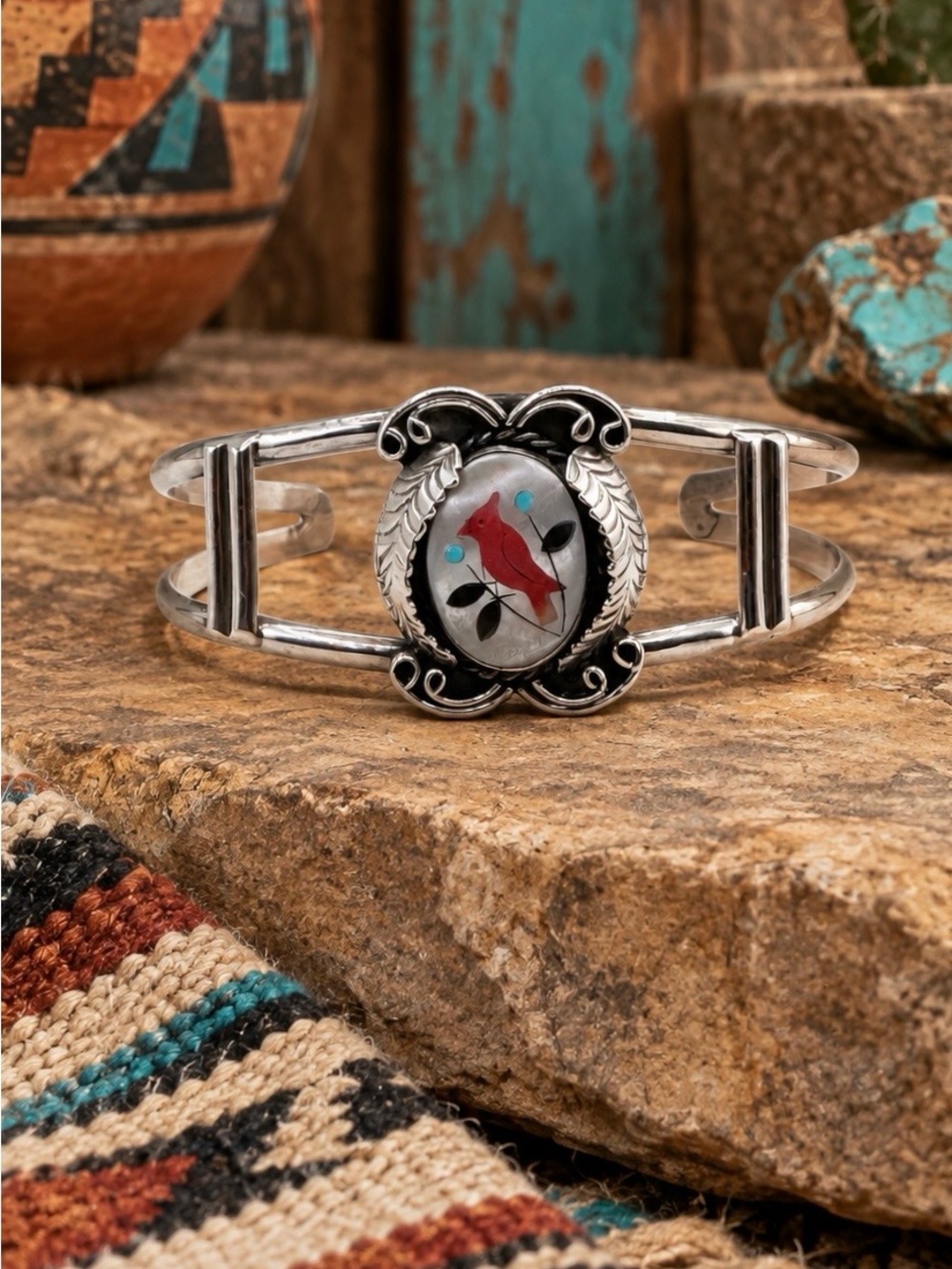 Signed Zuni Native American Sterling Silver Multi Stone Inlay Cuff Bracelet